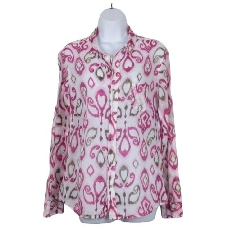 Fresh Produce Women's  Blouse Semi sheer button up white, pink long sleeve  XS